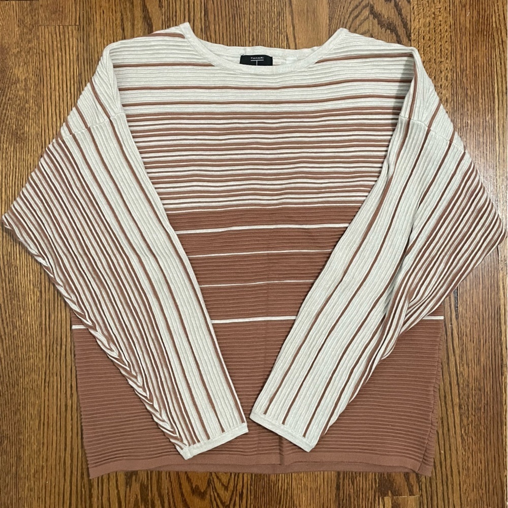 Tahari Tan Rust Brown Striped Ribbed Pullover Shirt Size Medium